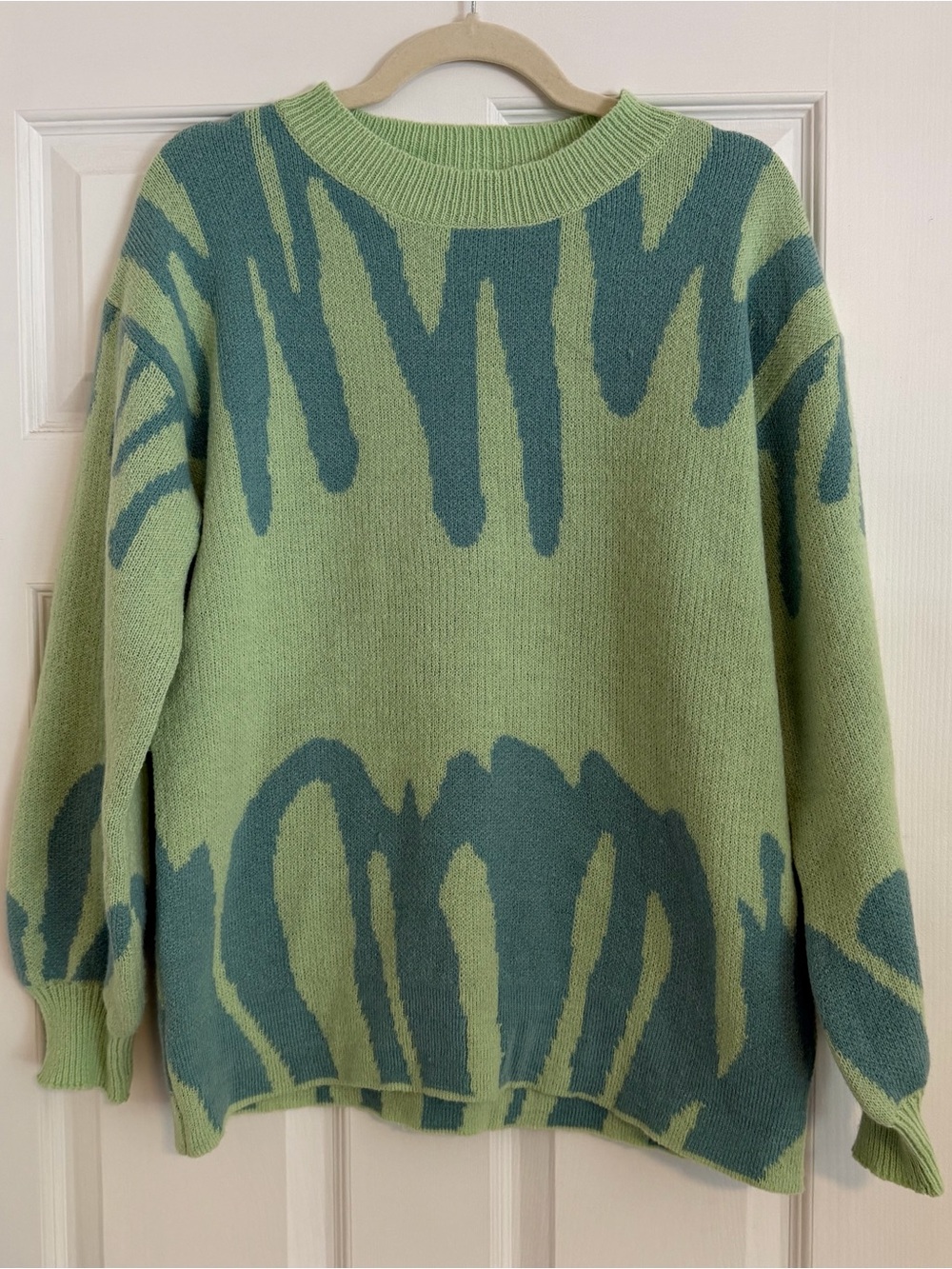 Abstract Green Blue Knit Sweater XS Oversized Crewneck Cozy Pullover